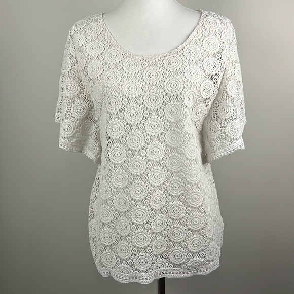 JM Collection Open Crochet Angel Sleeve Top Size M Cottage Boho Hippie Festival - Picture 3 of 13